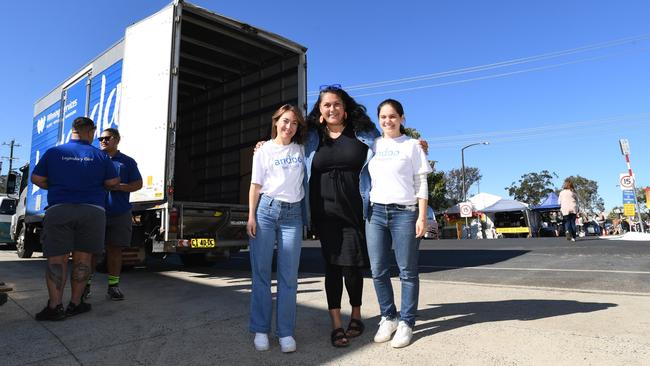 Left: Winning Group head of Corporate Social Responsibility Alice Kuepper, Koori Mail Lismore general manager Naomi Moran and Winning Group head of communications Emily Dahdah at the Koori Mail on Molesworth Street delivering $500,000 worth of new beds, mattresses, furniture, tvs and whitegoods for flood impacted residents. Picture: Cath Piltz