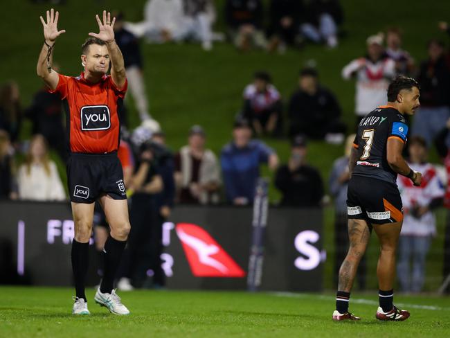 Tigers playmaker Jayden Sullivan's sin-binning against the Dragons was the latest in a growing list of players marched for the club this season. Picture: NRL Images.