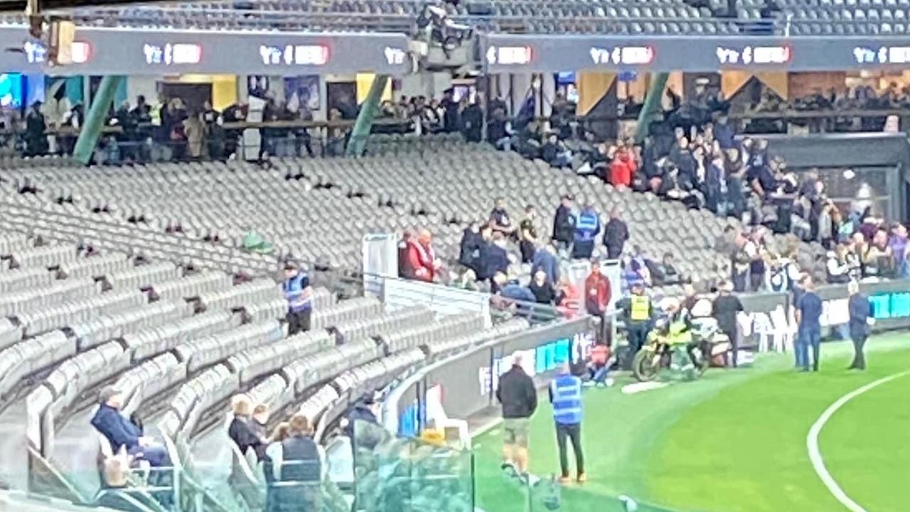 A photo showing the emergency response to a reportedly fallen woman at Marvel Stadium during the Blues-Lions fixture. Photo: Facebook