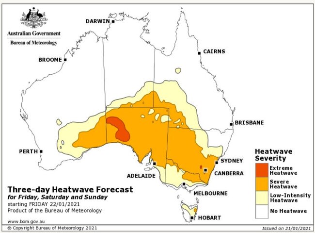 The heatwave hitting the nation from Friday to Sunday. Picture: BoM