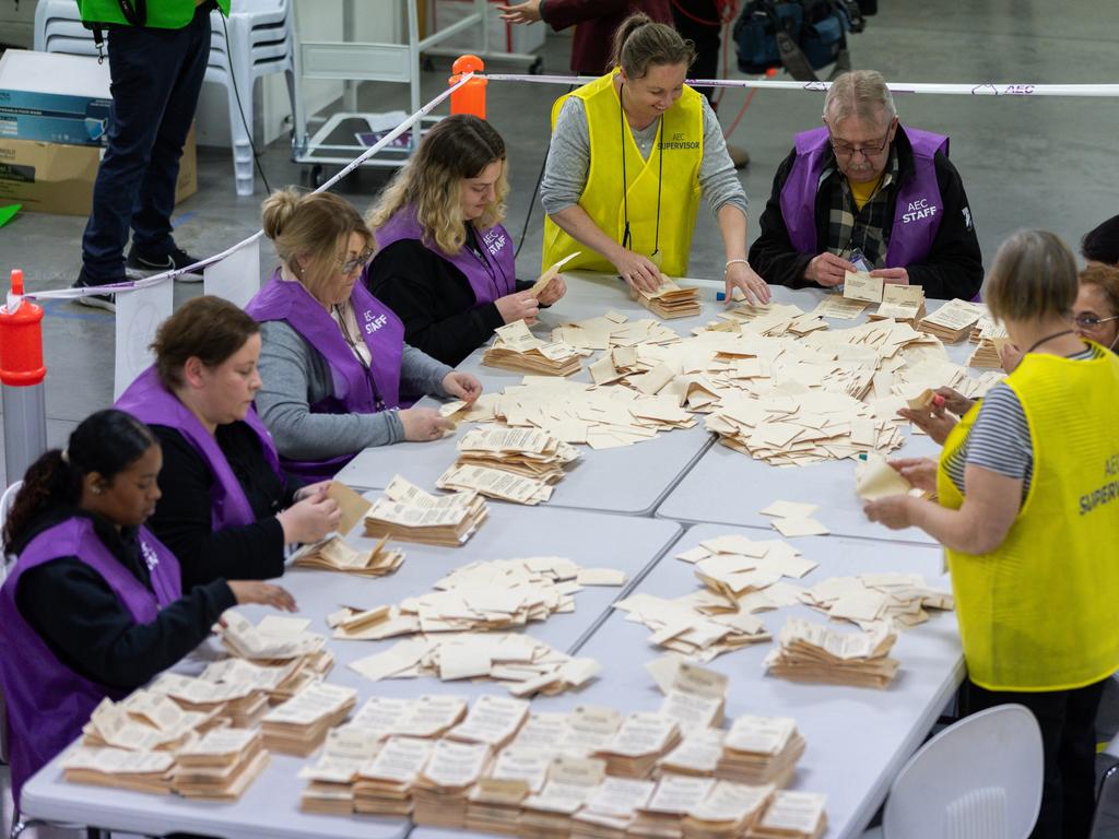 AEC staff count Melbourne’s votes at a vote counting centre. Picture: Asanka Ratnayake/Getty Images