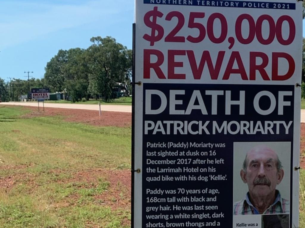 Signs alerting the public there is a $250,000 reward for information that leads to finding Patrick 'Paddy' Moriarty have been put up at Larrimah. Picture: NT Police