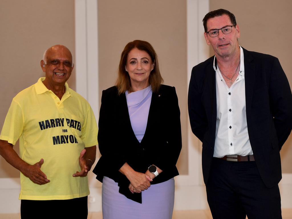 Mayoral debate at the The Ville. Mayoral candidates Harry Patel, incumbent Jenny Hill, and Troy Thompson. Picture: Evan Morgan