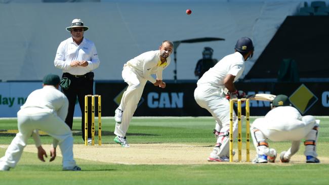 Nathan Lyon bowls to Cheteshwar Pujara in Adelaide back in 2014. Picture: Mark Brake