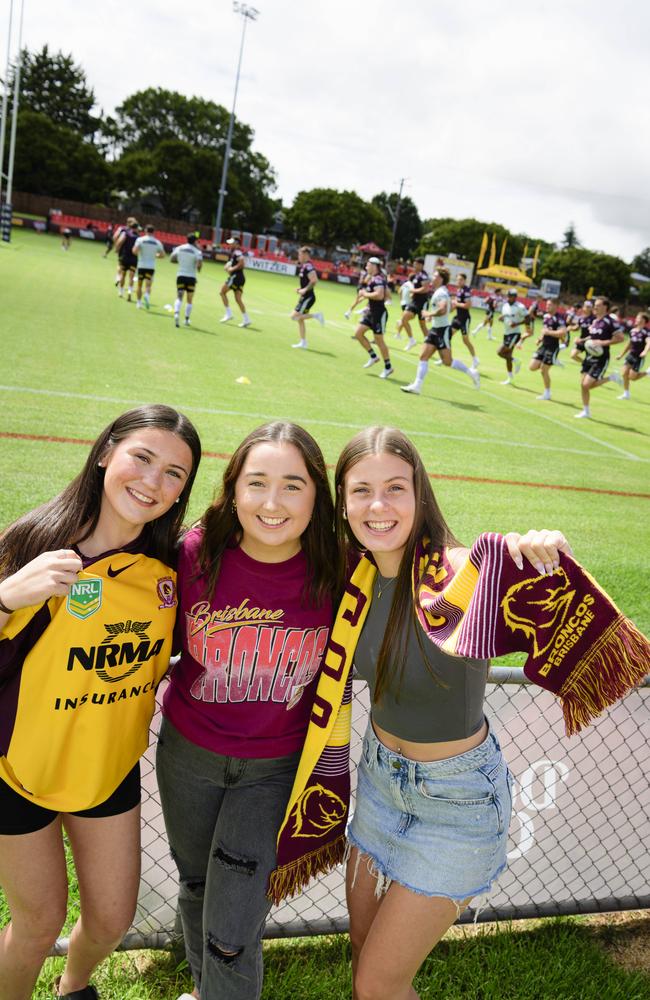 Broncos fans (from left) Sienna Hill, Serah Thomas and Bella Hill at the Brisbane Broncos Captain's Run and Toowoomba Fan Day at Toowoomba Sports Ground, Saturday, February 15, 2025. Picture: Kevin Farmer