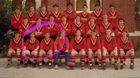 Michael Troon and Alastair Clarkson sitting together for a team photo of the first XIII at Ballarat Clarendon College in 1985. Picture: Supplied.