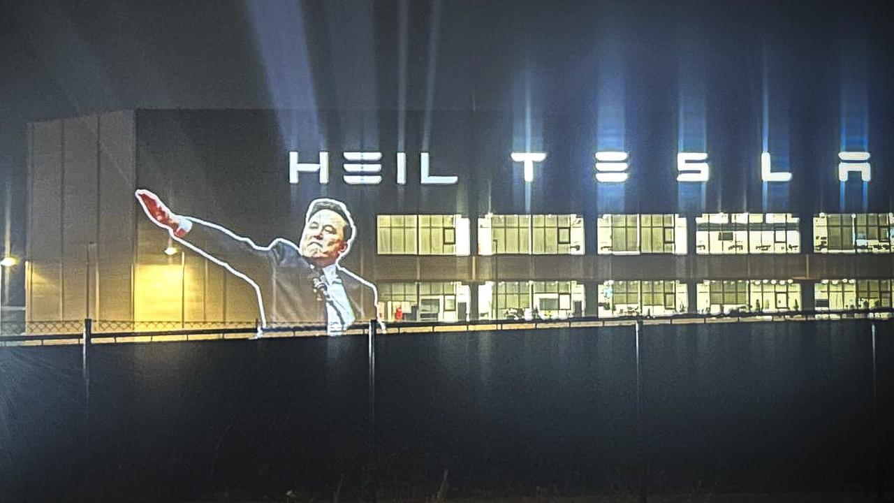 Protesters used projectors on Tesla's factory in Berlin. Picture: X.com/Politicalbeauty