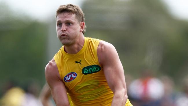 Along with Thomson Dow, Hopper (pictured) was at the most centre bounces for the Tigers on Sunday and had three clearances against Melbourne at Casey Fields. Picture: Michael Willson / Getty Images