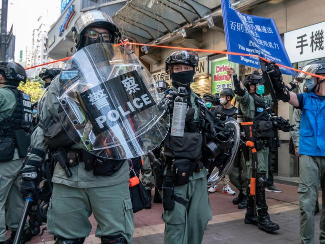 Riot police set up a cordon during a protest against the national security law. Picture: Anthony Kwan/Getty Images