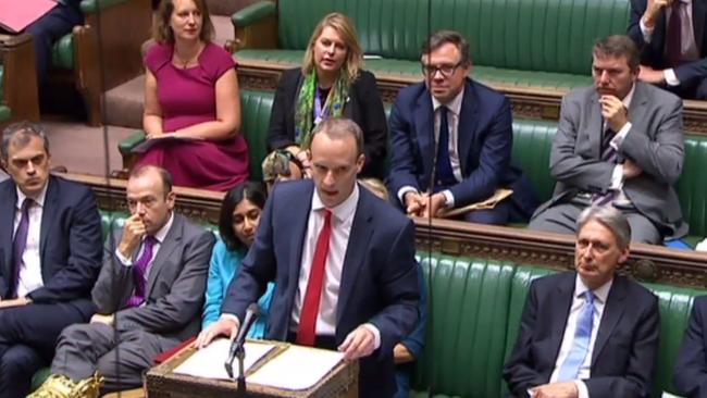 British Brexit Secretary Dominic Raab speaking in the House of Commons in London on Thursday. Picture: AFP