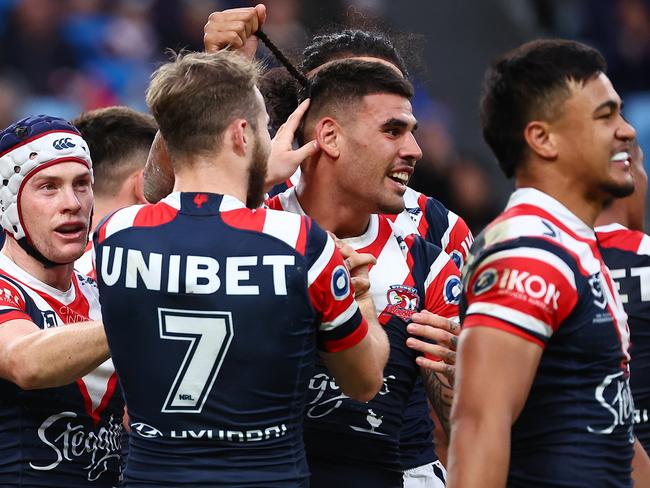 SYDNEY, AUSTRALIA - JUNE 02: Terrell May of the Roosters celebrates scoring a try during the round 13 NRL match between Sydney Roosters and North Queensland Cowboys at Allianz Stadium, on June 02, 2024, in Sydney, Australia. (Photo by Jeremy Ng/Getty Images)