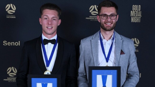 NPL Gold Medal winners Joe Knowles and Kaine Sheppard. Picture: Football Victoria