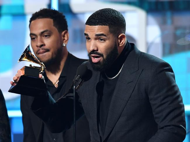 Canadian rapper Drake accepts the award for Best Rap Song for "Gods Plan" during the Grammys. Picture: AFP