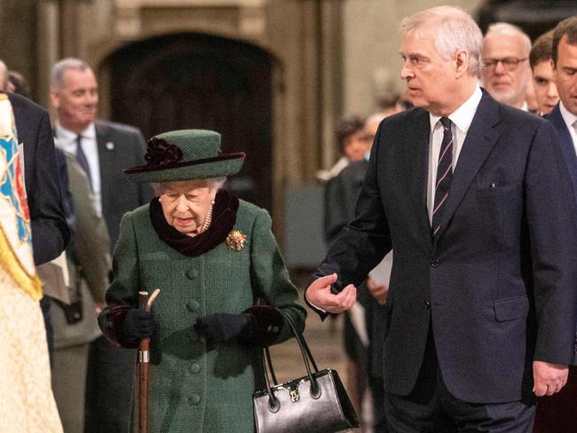 The Queen and Prince Andrew arriving together at a Service of Thanksgiving for Prince Philip, Duke of Edinburgh, at Westminster Abbey on March 29. Picture: Richard Pohle/AFP