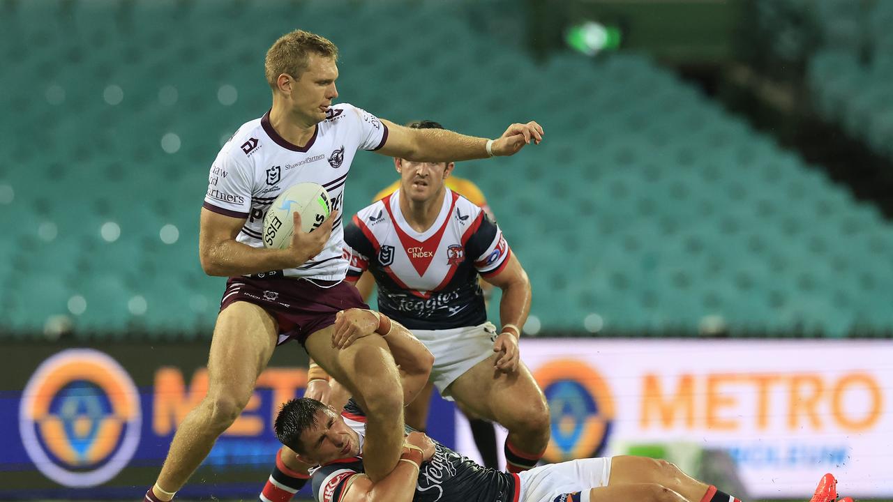 Heavily targetted Tom Trbojevic led the Sea Eagles in running metres notching 148 metres, 90 metres shy of Roosters’ lock Sio Siua Taukeiaho who led the game with 238 metres. (Photo by Mark Evans/Getty Images)