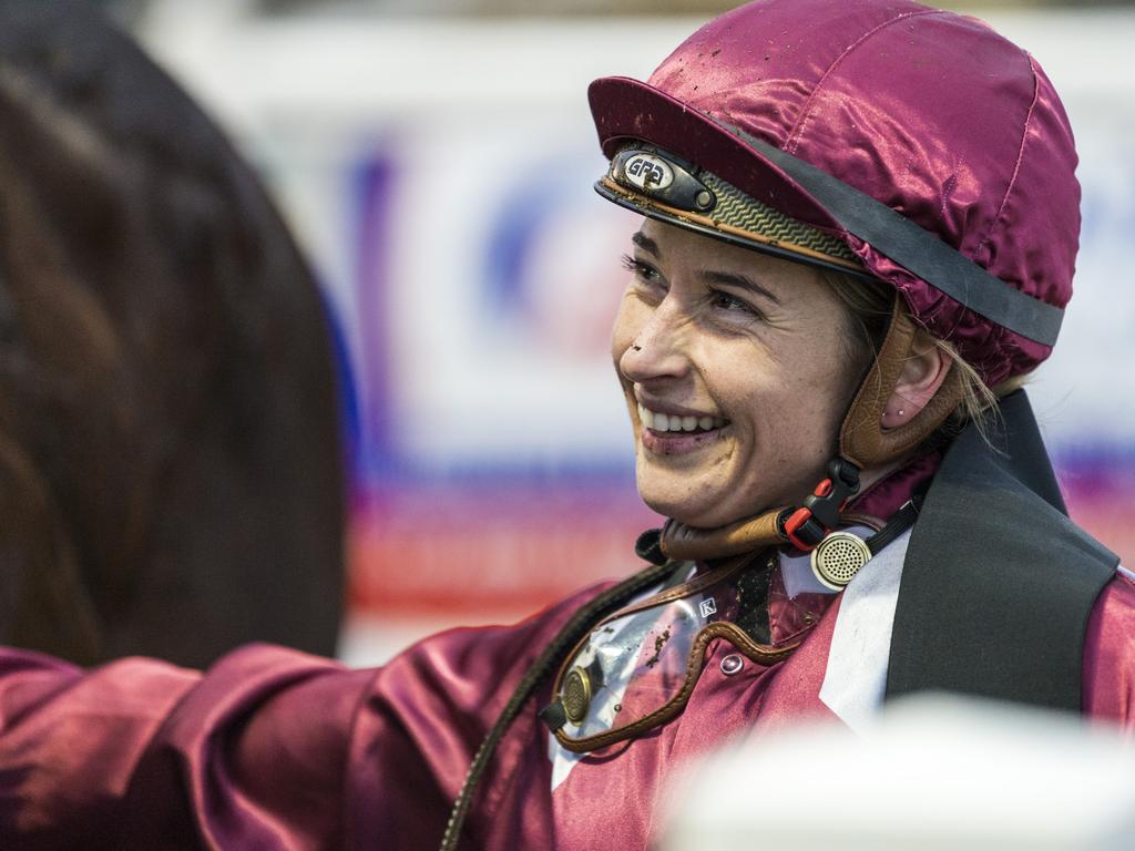 Jockey Alannah Fancourt after riding Chevrons'n'rockers to win race one at Clifford Park Racecourse, Saturday, June 19, 2021. Picture: Kevin Farmer