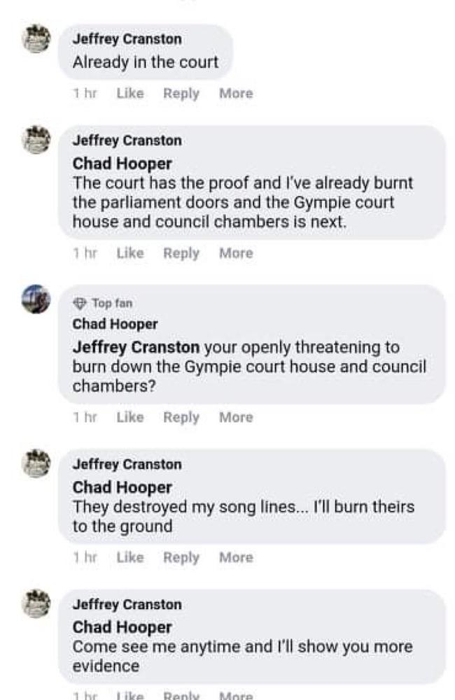 A screenshot of Facebook comments made by Jeffrey Cranston threatening to burn down the Gympie Courthouse and council chambers, which have since been deleted.