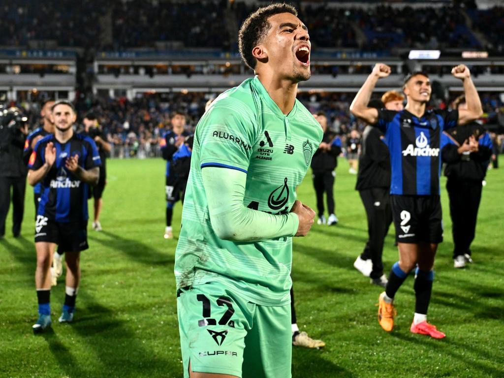 Auckland FC goalkeeper Alex Paulsen is elated after his team’s effort to win the A-League premiership. Picture: Hannah Peters/Getty Images