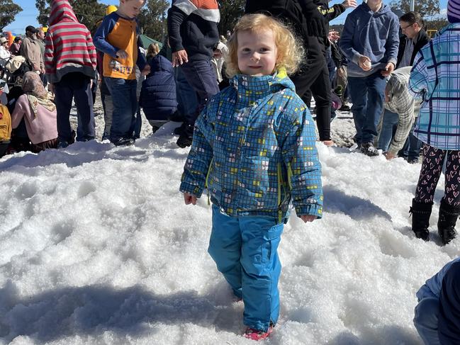 Three-year-old Adeline Kippen sees snow for the first time at the Snowflakes in Stanthorpe 2021 festival. Photo: Madison Mifsud-Ure / Stanthorpe Border Post