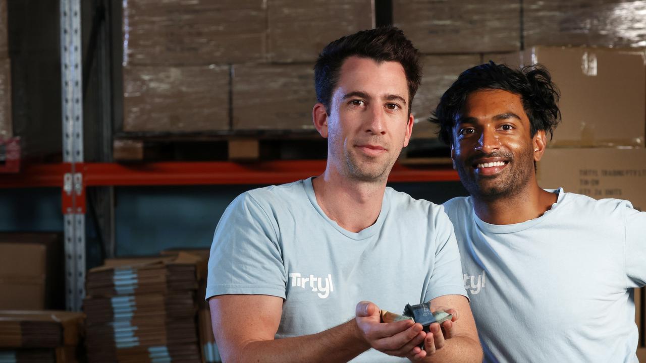 Tirtyl co-founders and owners Lachlan Hill and May Bandi in their Woolloongabba warehouse.