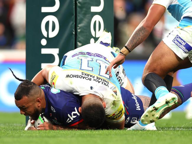 Addin Fonua-Blake of the Warriors scores a try for the Warriors. Picture: Phil Walter/Getty Images