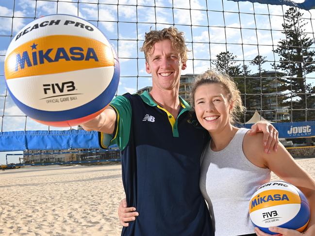 28/3/25. Adelaide beach volleyballer Zachery Schubert and his fiancee Britt Kendall at Glenelg Beach for World Beach volleyball championships that are here in Adelaide in November. Picture: Keryn Stevens