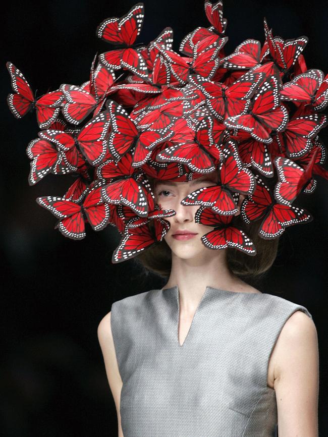 A model in a creation from McQueen’s spring-summer 2008 collection, Paris. Picture: AP