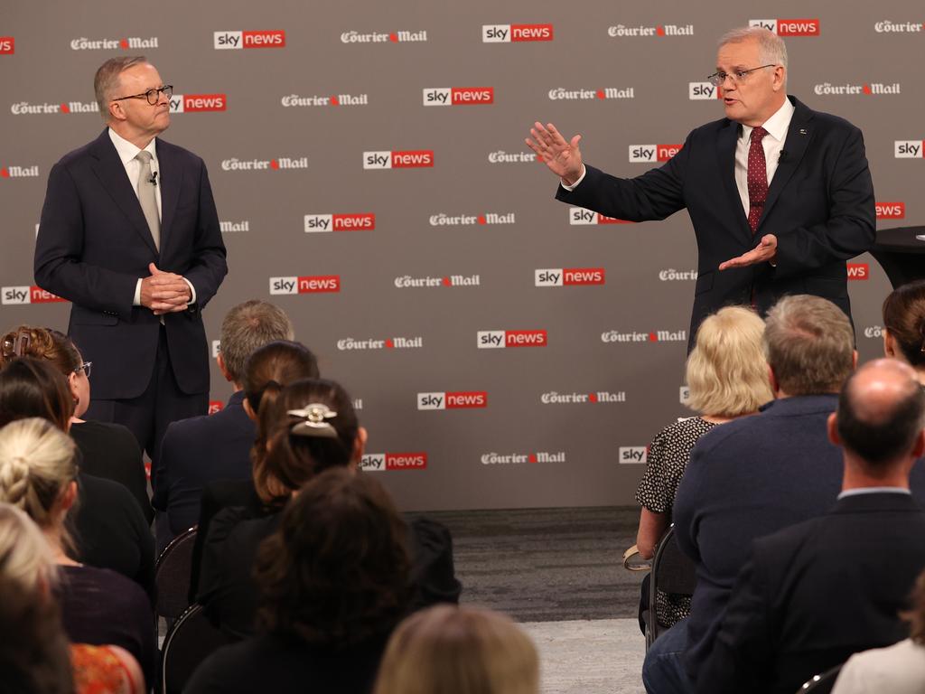 Scott Morrison cut in to ask Anthony Albanese a question. Picture: Jason Edwards