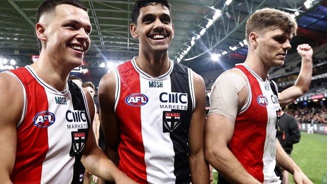 Marcus Windhager, Nasiah Wanganeen-Milera and Mason Wood after their latest victory. Picture: Darrian Traynor/Getty Images