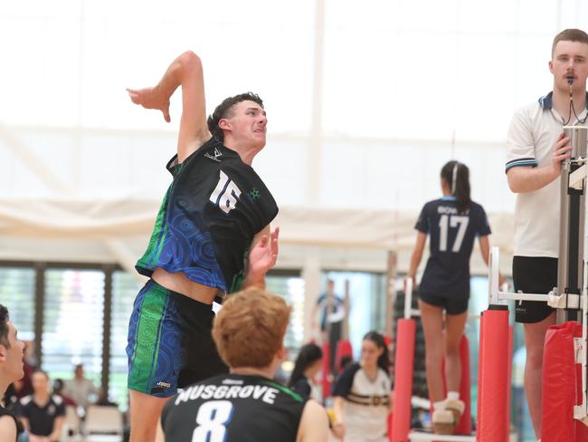 AVSC 2023 ,Australian Volleyball Schools Cup, first day of play at Carrara. Heathfield (light Blue) v Lake Ginninderra College. Picture Glenn Hampson