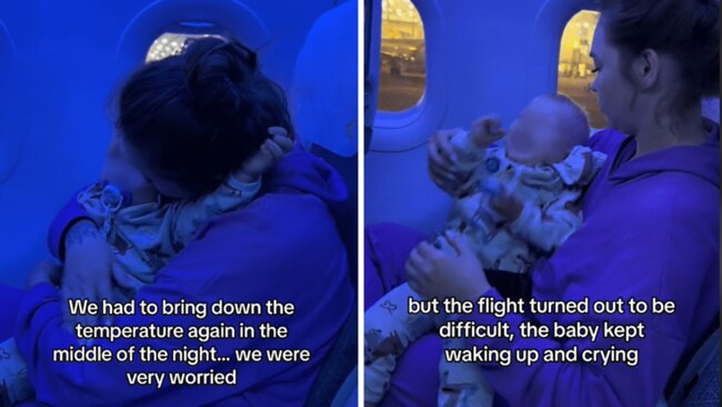 Their son was restless throughout the long-haul flight. Picture: alinamotherhpod/TikTok