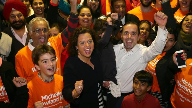 Michelle Rowland arrives at the Labor party function at the Blacktown RSL with husband Michael and daughter Octavia, to celebrate her retaining the seat of Greenway.