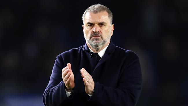 BRIGHTON, ENGLAND - DECEMBER 28: Ange Postecoglou, Manager of Tottenham Hotspur, applauds the fans after defeat to Brighton & Hove Albion during the Premier League match between Brighton & Hove Albion and Tottenham Hotspur at American Express Community Stadium on December 28, 2023 in Brighton, England. (Photo by Bryn Lennon/Getty Images)