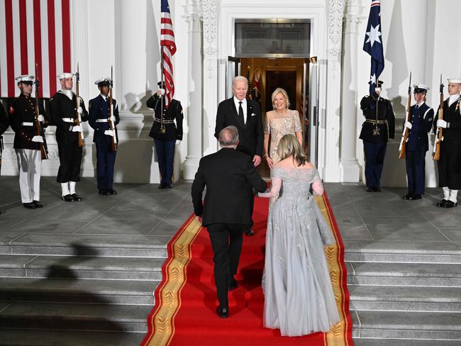 US President Joe Biden and First Lady Jill Biden greet Prime Minister Anthony Albanese and Jodie Haydon at the North Portico of the White House. Picture: AFP