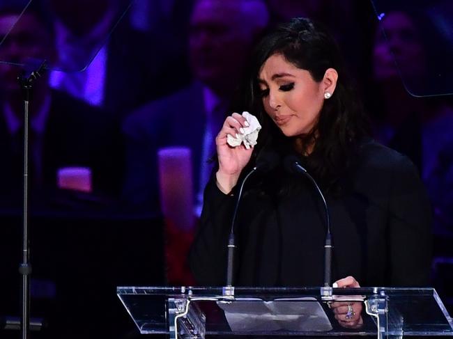 Kobe Bryant's wife Vanessa Bryant speaks during the "Celebration of Life for Kobe and Gianna Bryant" service at Staples Center in Downtown Los Angeles on February 24, 2020. - Kobe Bryant, 41, and 13-year-old Gianna were among nine people killed in a helicopter crash in the rugged hills west of Los Angeles on January 26. (Photo by FREDERIC J. BROWN / AFP)