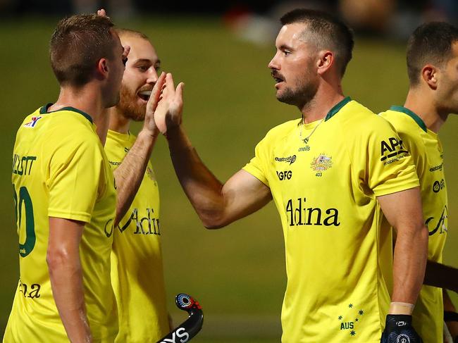 Jeremy Hayward scores, and celebrates, after kcikstarting yet another come-from-behind win for the Kookaburras against India in Perth. Picture: Hockey Australia