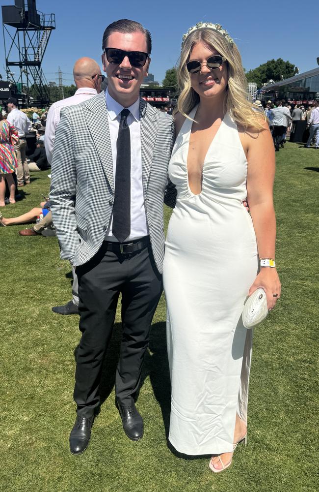 Charley Curwood and Michaela Oakley at the Melbourne Cup at Flemington Racecourse on November 5, 2024. Picture: Phillippa Butt