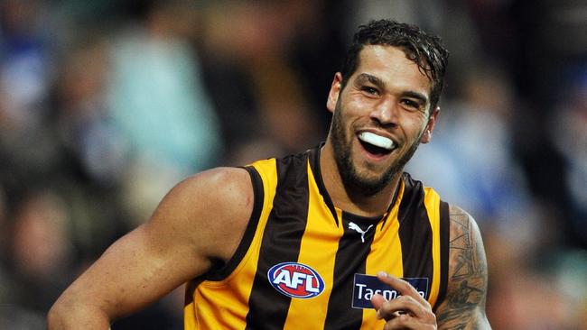 Lance Franklin celebrates one of his 13 goals against North Melbourne.