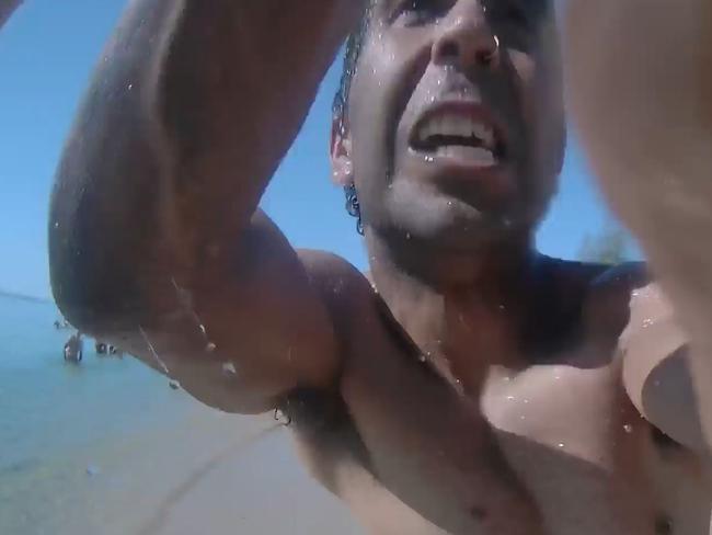 Screenshots from SAPOL body-cam of the arrest of Andrew Kevin Gollan at Christies Beach in January 2024. Picture: SAPOL / SA Courts