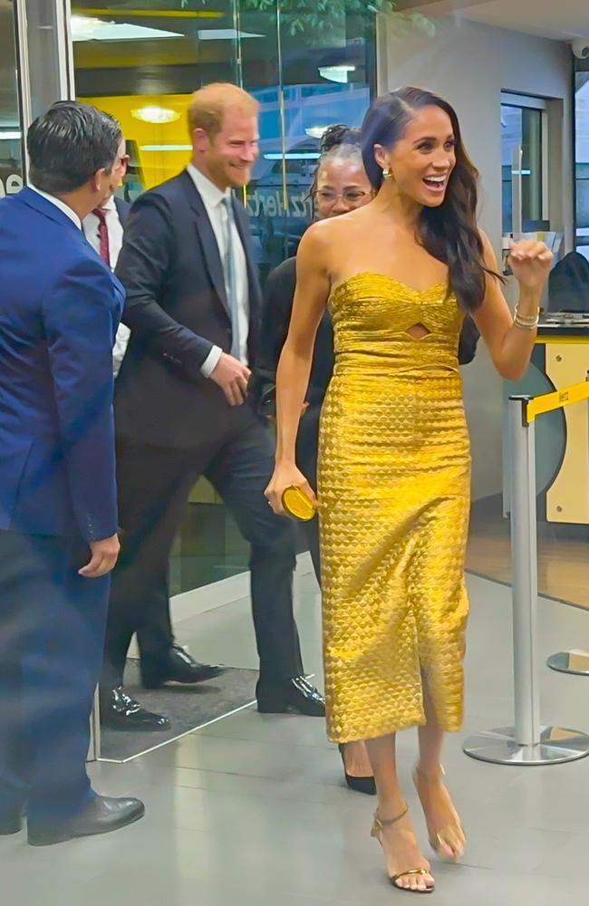 Prince Harry, his mother-in-law Doria Ragland and Meghan Markle seen arriving to the Woman Of Vision Awards in New York City. Picture: Raymond Hall/GC Images