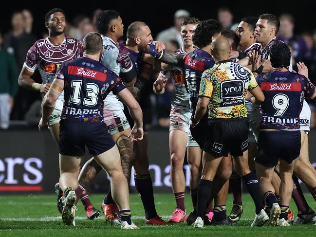 Tensions threatened to boilover as Shawn Blore, Nathan Brown and Nelson Asofa-Solomona went head to head. Picture: Getty Images