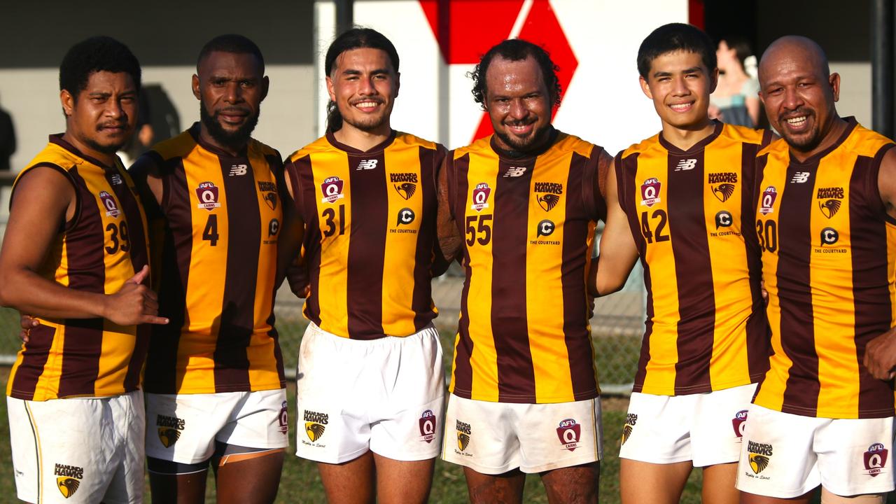 Pictured (l-r): Kila Rawali, David Topeni, Mitchel White, Tyler Gorogo, Matthew White and William Aisi. Six Manunda Hawks players with links to PNG pictured after their victory against the CTB Bulldogs. AFL Cairns 2024. Photo: Gyan-Reece Rocha