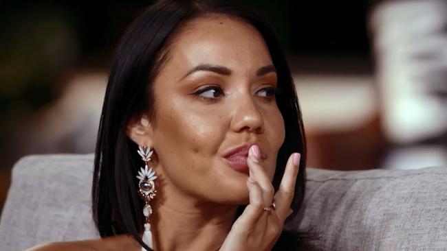 Davina’s reaction to Nasser yelling “it’s not all about: hashtag Davina, hashtag coconut oil”, aka the second best moment in MAFS. (Pic: Supplied)