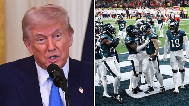 Donald Trump at the lectern and Eagles players celebrating during Super Bowl LIX. Photo: Roberto Schmidt, AFP and Getty, Emilee Chinn.