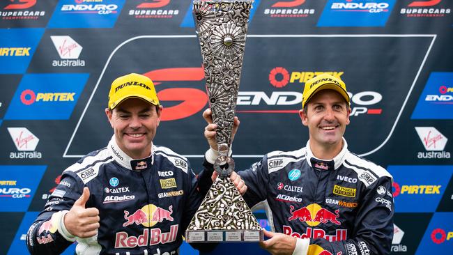 Craig Lowndes and Jamie Whincup at Sandown Raceway. Picture: Daniel Kalisz/Getty Images