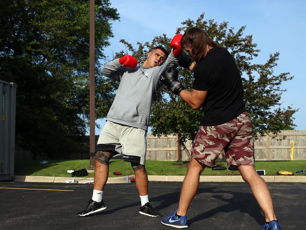 A day in the life of heavyweight UFC fighter Tai Tuivasa before he fights in UFC 225 on the weekend in Chicago, USA. Tai training in the car park of his hotel 90mins out of town. Picture: Sam Ruttyn