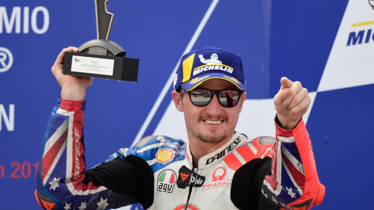 Third placed Jack Miller celebrates on the podium in Aragon.