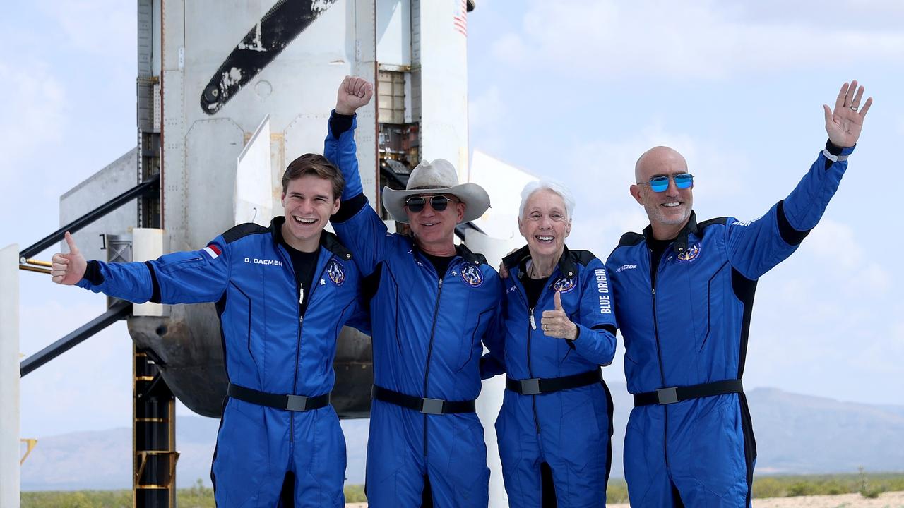 Jeff Bezos and the crew of his rocket were the first human passengers for his Blue Origin company. Picture: Getty Images