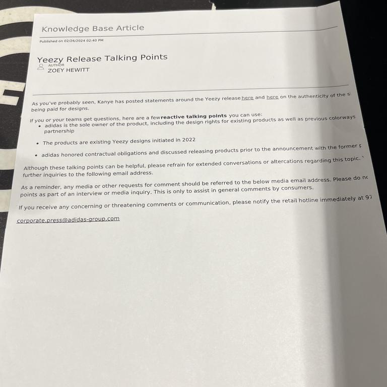 A picture posted to the Yeezy subreddit allegedly shows 'talking points' from the company for employees to respond to queries about West. Picture: Reddit