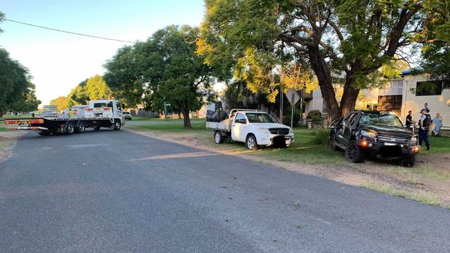 The scene on Prince St Grafton where a car collided with a tree following a police pursuit. Photo courtesy TNT Towing.